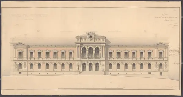 Drawing of Uppsala University Main Building from 1878. The building is pictured from straight ahead.