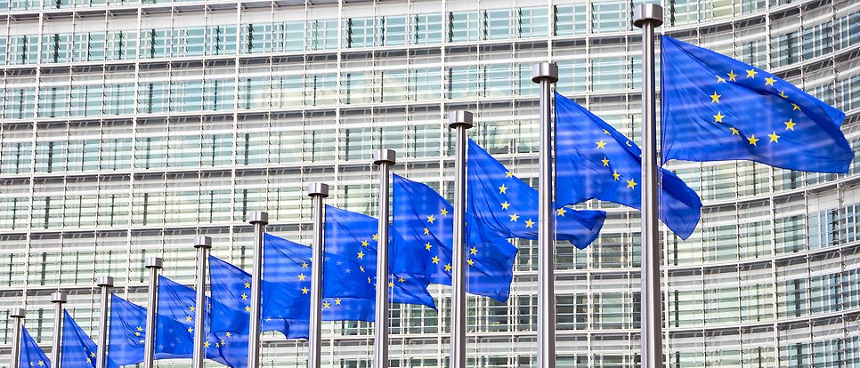 EU-flaggor på rad utanför Europaparlamentet