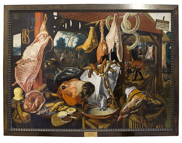 Tavla som visar ett marknadsstånd med kött, korvar, ett kohuvud, grisfötter och fiskar. I bakgrunden syns människor. 