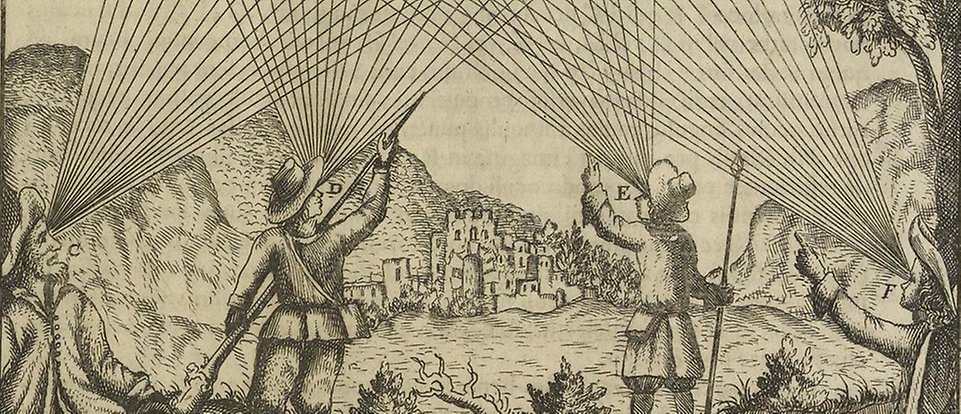 Bilden illustrerar emissionsteorin – uppfattningen att våra synintryck härrör från strålar utsända av ögonen. I detta fall ser männen en flygande drake (ej i bild). Från Johannes Zahn, System der visuellen Wahrnehmung beim Menschen (1687). Image in the public domain.