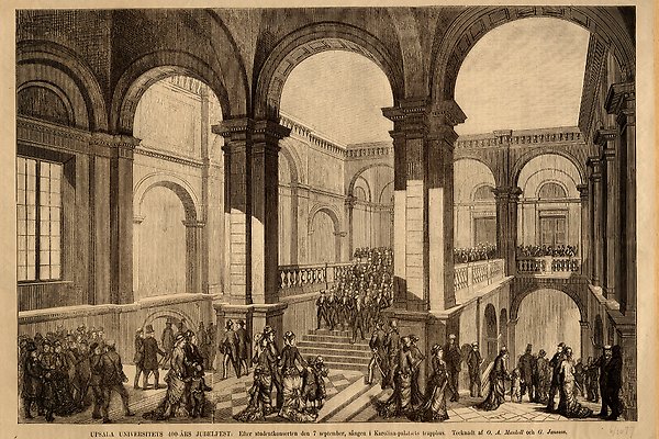 Teckning av paradtrappan i Carolina Rediviva under 1800-talet
