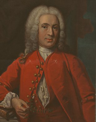 Porträtt av Carl von Linné i peruk och röd rock. I höger hand en linnea. Reproduktion i färgtryck av J.H. Scheffels oljemålning,1739.
