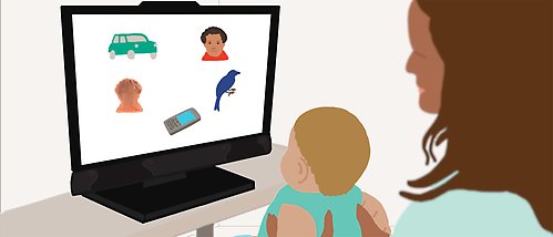 illustration av mamma med baby framför datorn