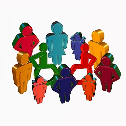 Bilden visar siluetter av människor i olika färger och former