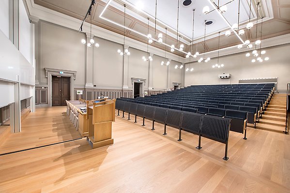 Hall X seen from the side. The bench rows are straight and have a slight upward slope. To the right of the rows of benches is a staircase. Three of the rows are at ground level and there are two wheelchair accessible seats. At the front are lecterns, there is a projector screen and a white board.
