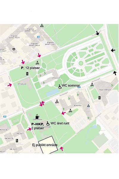 Karta över Botanisak trädgården med ingångar, parkeringsplatser och toaletter markerade