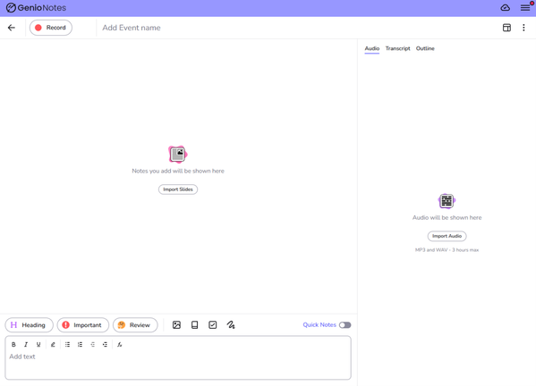 The Event page in Genio Notes