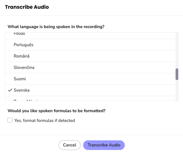 A pop-up with language selections and the option to format formulas.