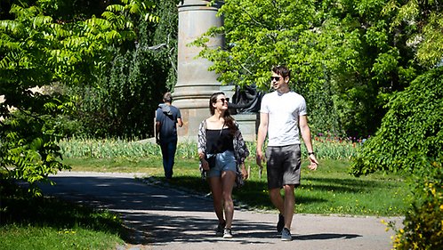 Two persons walking in a park.