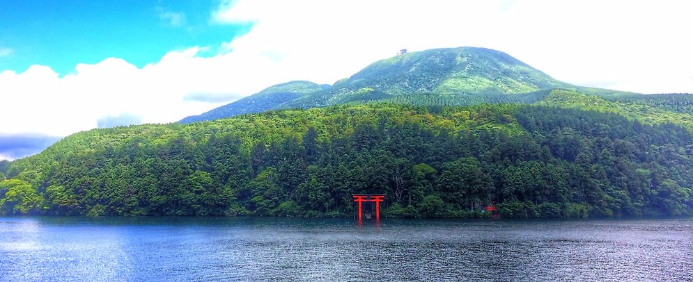 En grön ö i vattnet med ett rött monument framför