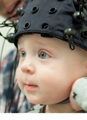 Bebis med en hatt som har sensorer på sig. / Baby wearing a hat with sensors.
